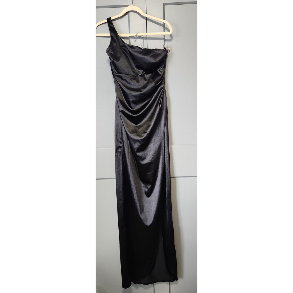 New Love, Nickie Lew One Shoulder Black Dress Medium M Flaw Satin Long Stretch